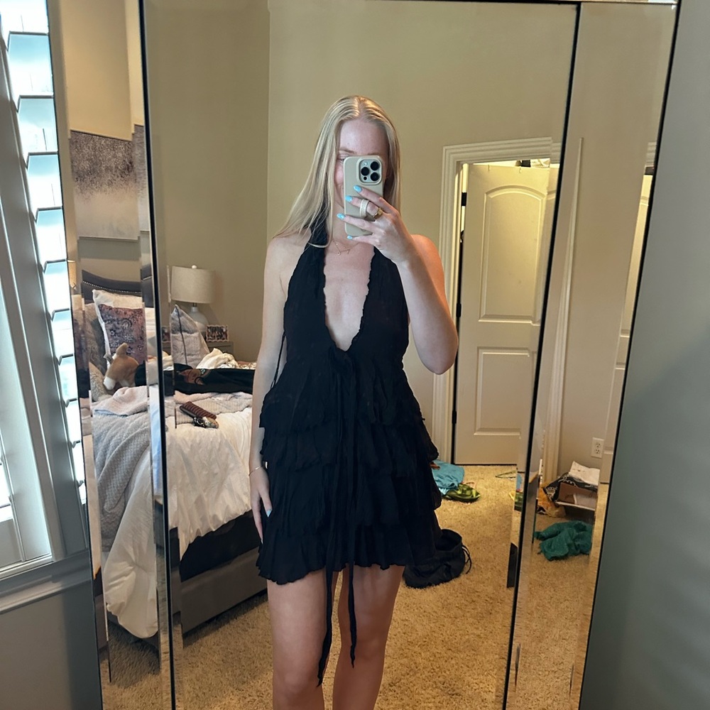 Zara Black Mini Dress with Plunging V-Neckline